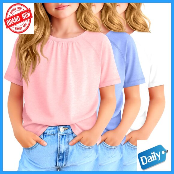 3 Pack Girls Pleated T-Shirts Short Sleeve Summer Tops 5-14 Years
